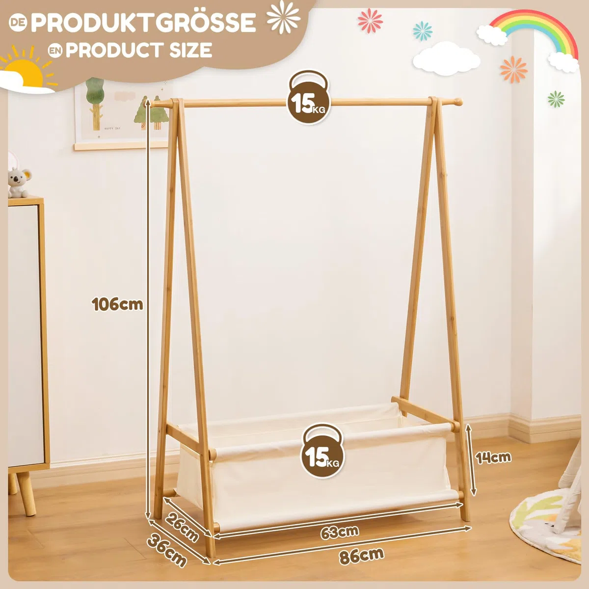 Yorbay Kinder Kleiderständer Bambus Garderobenständer mit Aufbewahrungskiste, Kindergarderobe mit Kleiderstange, für Baby- & Kleinkinderzimmer, Mädchen & Jungs (Natur)