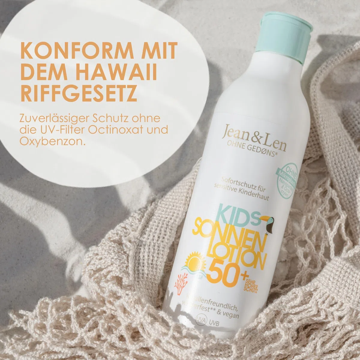 Jean & Len Sensitive Kids Sonnen Lotion LSF 50+, Sofortschutz für sensitive Kinderhaut, für empfindliche Kinderhaut ab 6 Monate, Korallenfreundlich, Sonnencreme Kinder, ohne Octocrylen, vegan, 250 ml