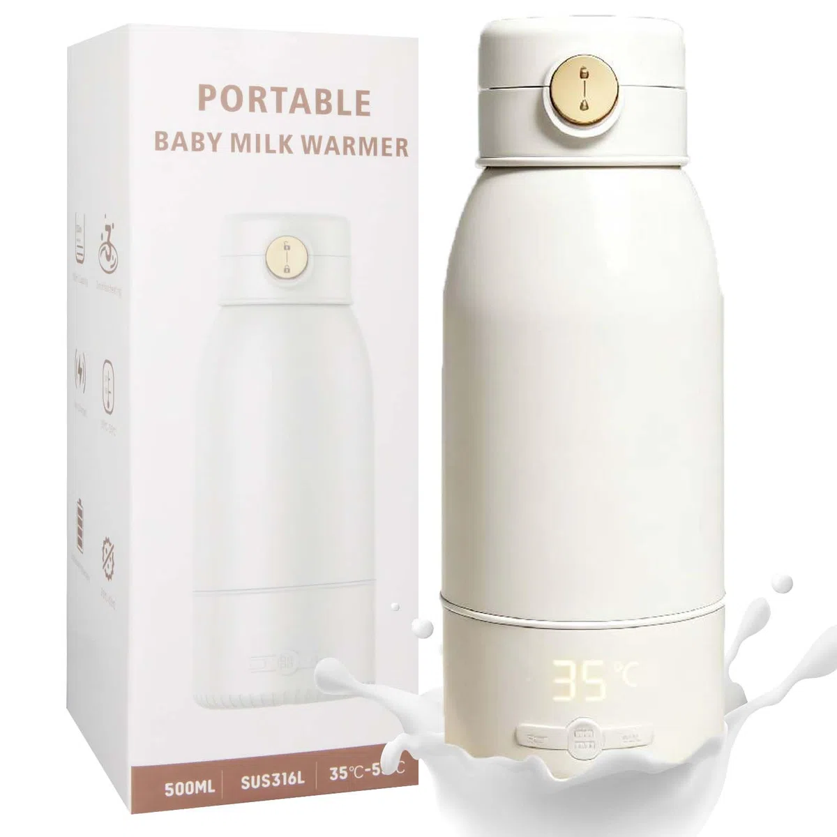 BEE&FLOWER Tragbarer Flaschenwärmer Baby Unterwegs - Große 500ml Kapazität | Pasteurisierung, Kindersicherung gegen, 24 Stunden konstante Temperatur für den Ganzen Tag
