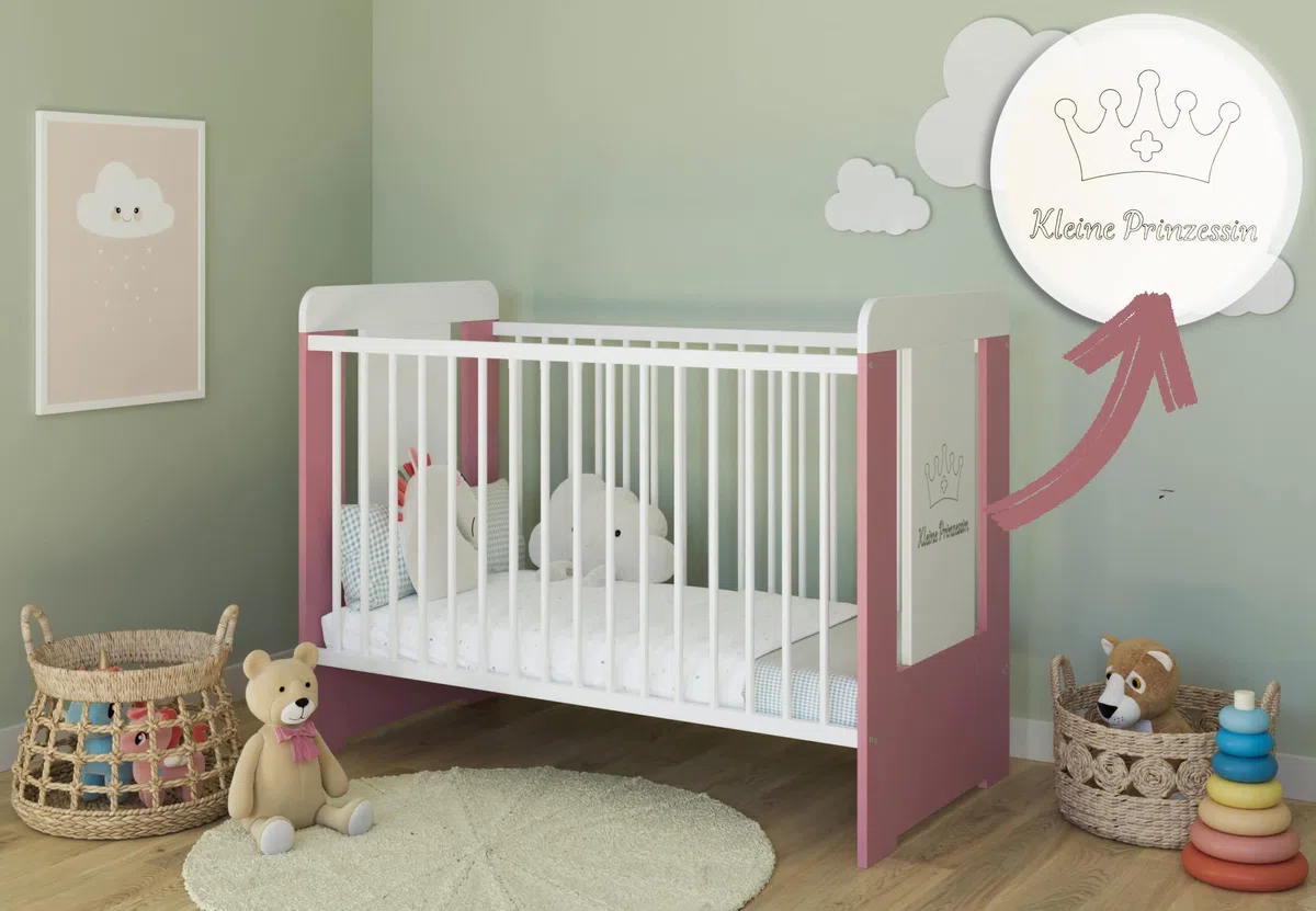 Kids Collective Babybett Gitterbett mit Kleine Prinzessin Gravur 60x120 höhenverstellbar | herausnehmbare Sprossen weiß pink Mädchen Made in Europe | von Geburt bis 3. Lebensjahr