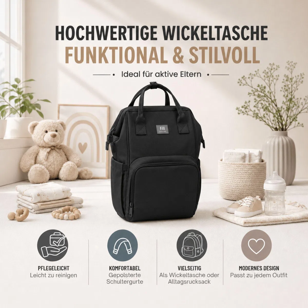 Fillikid Wickelrucksack Barcelona | Geräumiger & stylischer Rucksack mit vielen Fächern, isoliertem Flaschenhalter & Wickelauflage | Bequem tragbar & ideal für den Alltag mit Baby