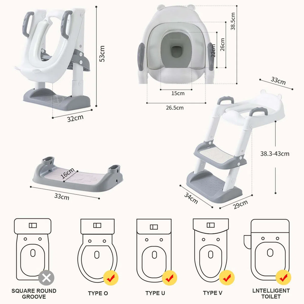 Mkitnvy Toilettensitz Kinder Kinder WC, Toilettensitz Toilettentrainer mit Treppe, Verstellbar Toilettentrainer mit PU Gepolsterter, Spritz- und Rutschfestes, für Jungen und Mädchen Baby