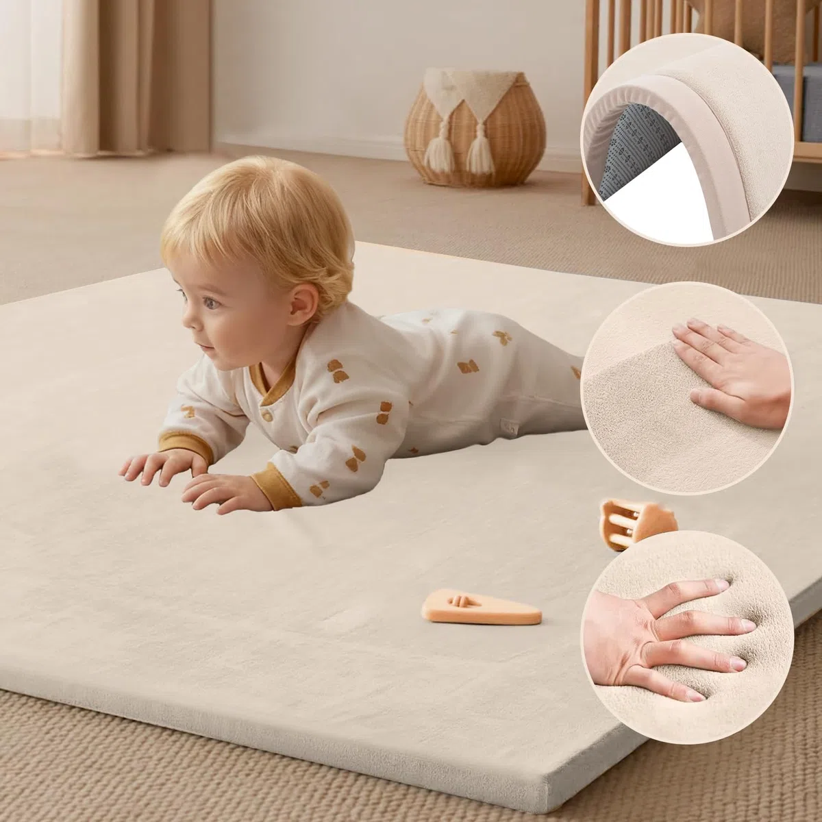 Krabbelmatte Baby 140 x 220 cm Creme 3cm Extra Dick und Spielmatte Kinder, Spielteppich Baby Rutschfester Krabbelteppich für Babys Memory Foam Teppich Kinder für Kinderzimmer Tatami Matte