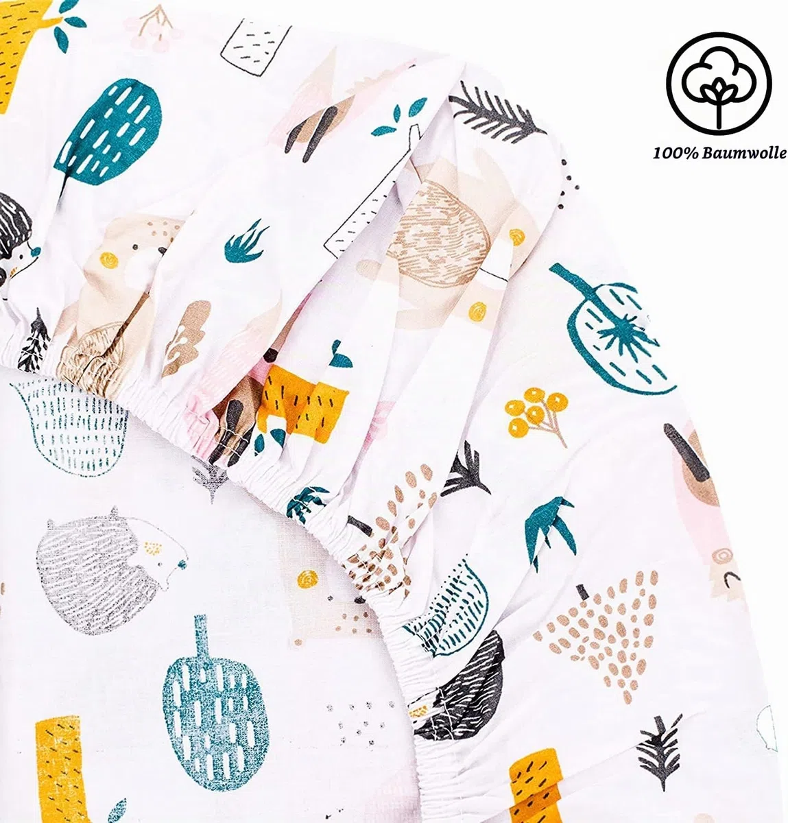 2X Spannbettlaken 80x160 cm 100% Baumwolle + 1X Matratzenschoner 100% wasserdichtem Material - Set 3X - ÖKO-TEX Zertifikat (Waldtiere, 80 x 160 cm)