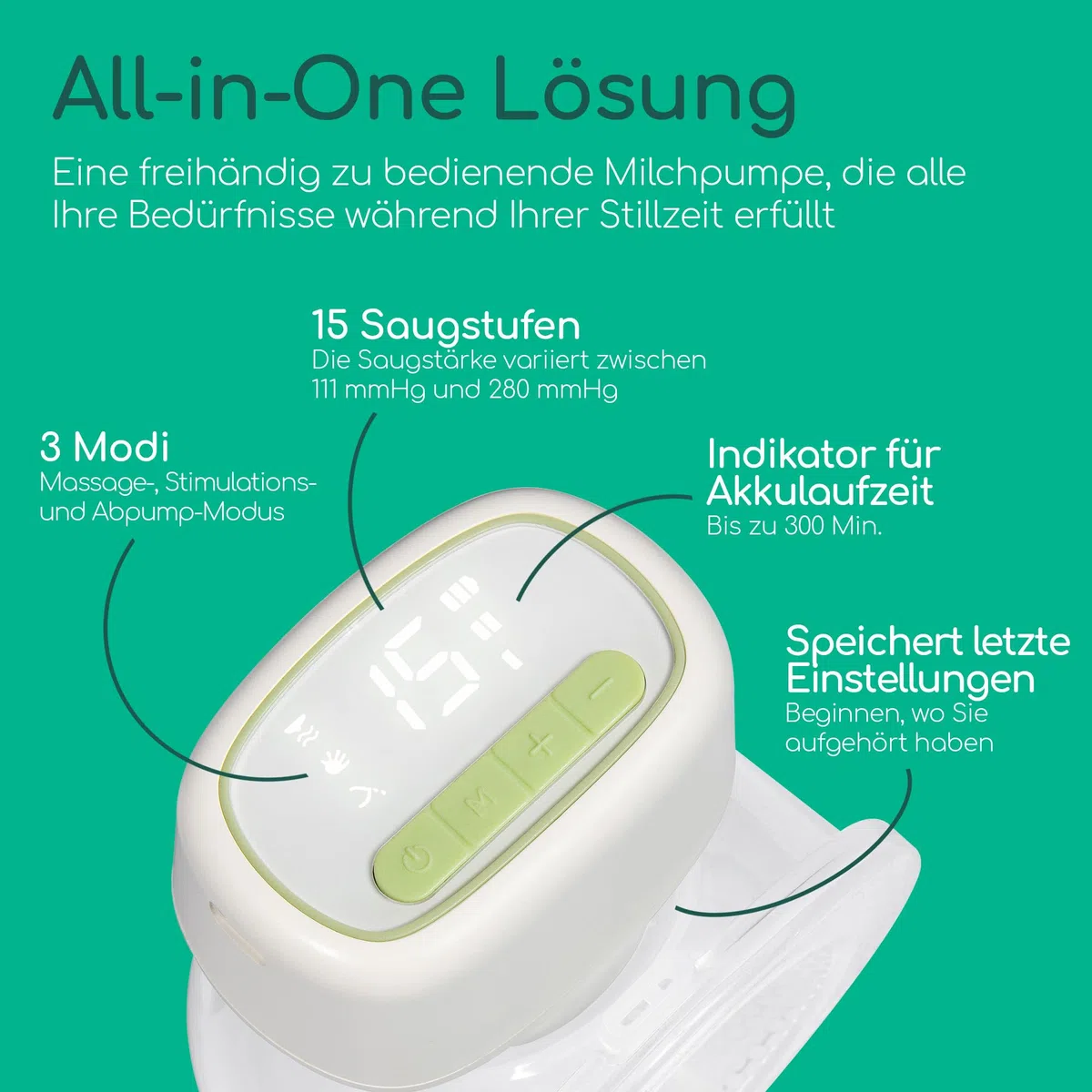 Bebeconfort Diskrete Milchpumpe Handsfree, freihändige Milchpumpe elektrisch, leises Abpumpen (51db), 3 Pumpmodi, 15 Saugstufen, langlebiger Akku, 210 ml großer Behälter