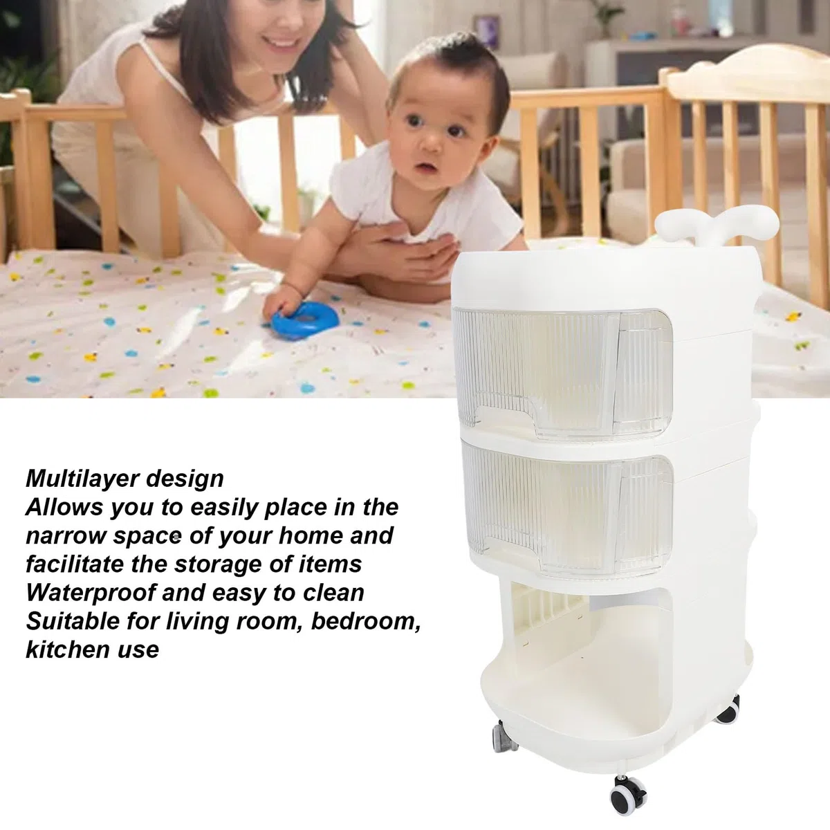 Baby-Aufbewahrungswagen, Zusammenklappbarer Rollwagen mit Beweglichem Design, 3-stöckiger Organizer für Babywindeln, Snacks und Feuchttücher, Wasserdicht und Leicht zu Reinigen