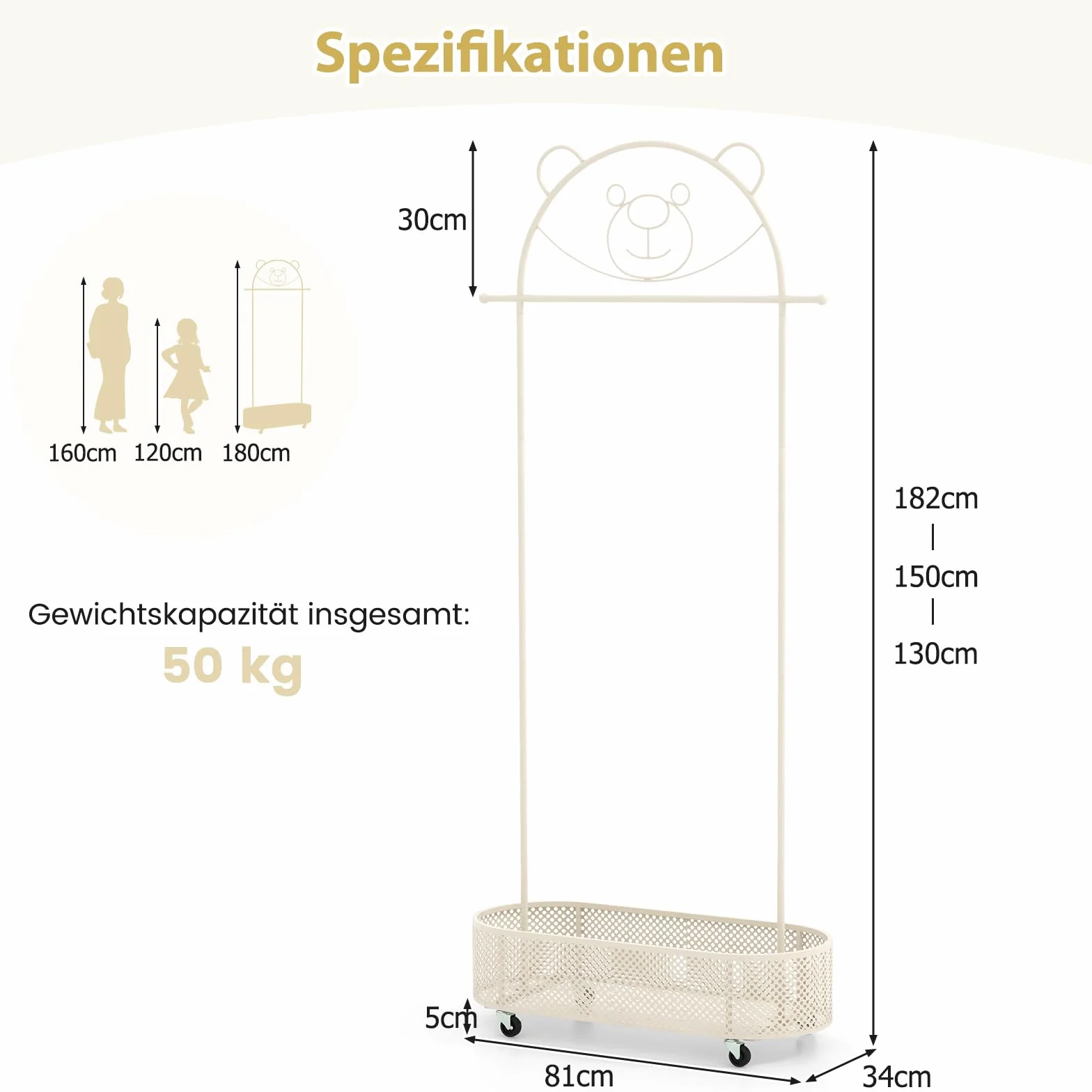 DREAMADE Kinder Kleiderständer mit Ablage & Kleiderstange, freistehender Kinder Kleiderstange auf Rollen, Höhenverstellbare Kindergarderobe aus Metall für Kinderzimmer Rosa (Weiß)