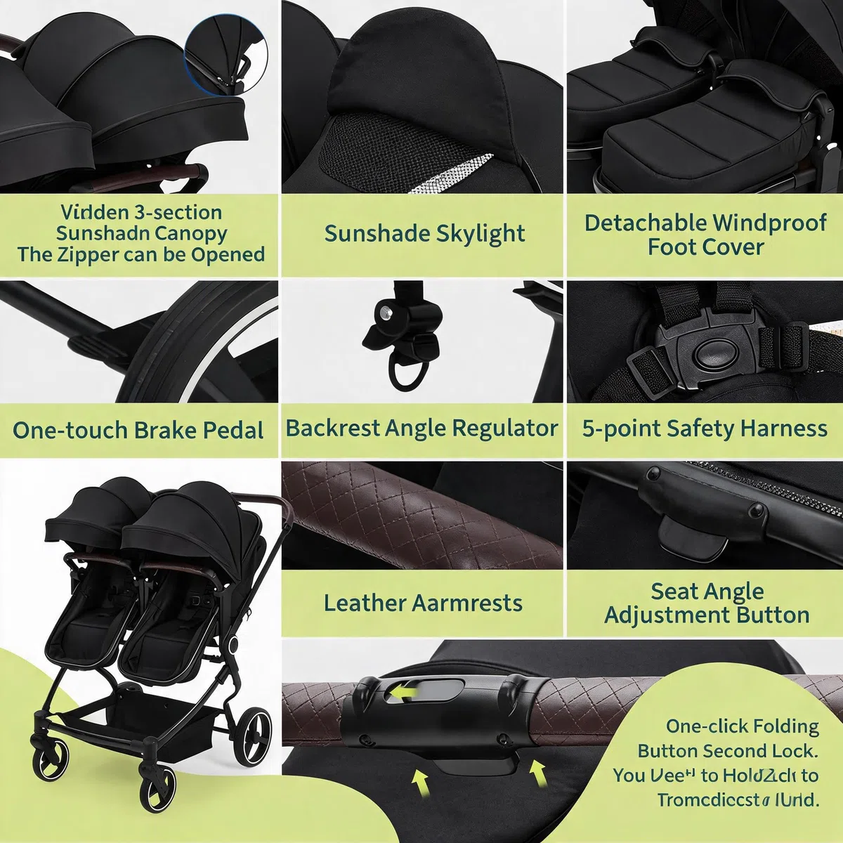 GarveeHome Geschwisterwagen Duo Side by Side Für Zwillinge, Leichter, Kompakt Faltbarer Zwillingskinderwagen Mit Hohem Babywagen Gestell, Verstellbarem Sonnendach & Liegeposition Für Kleinkind