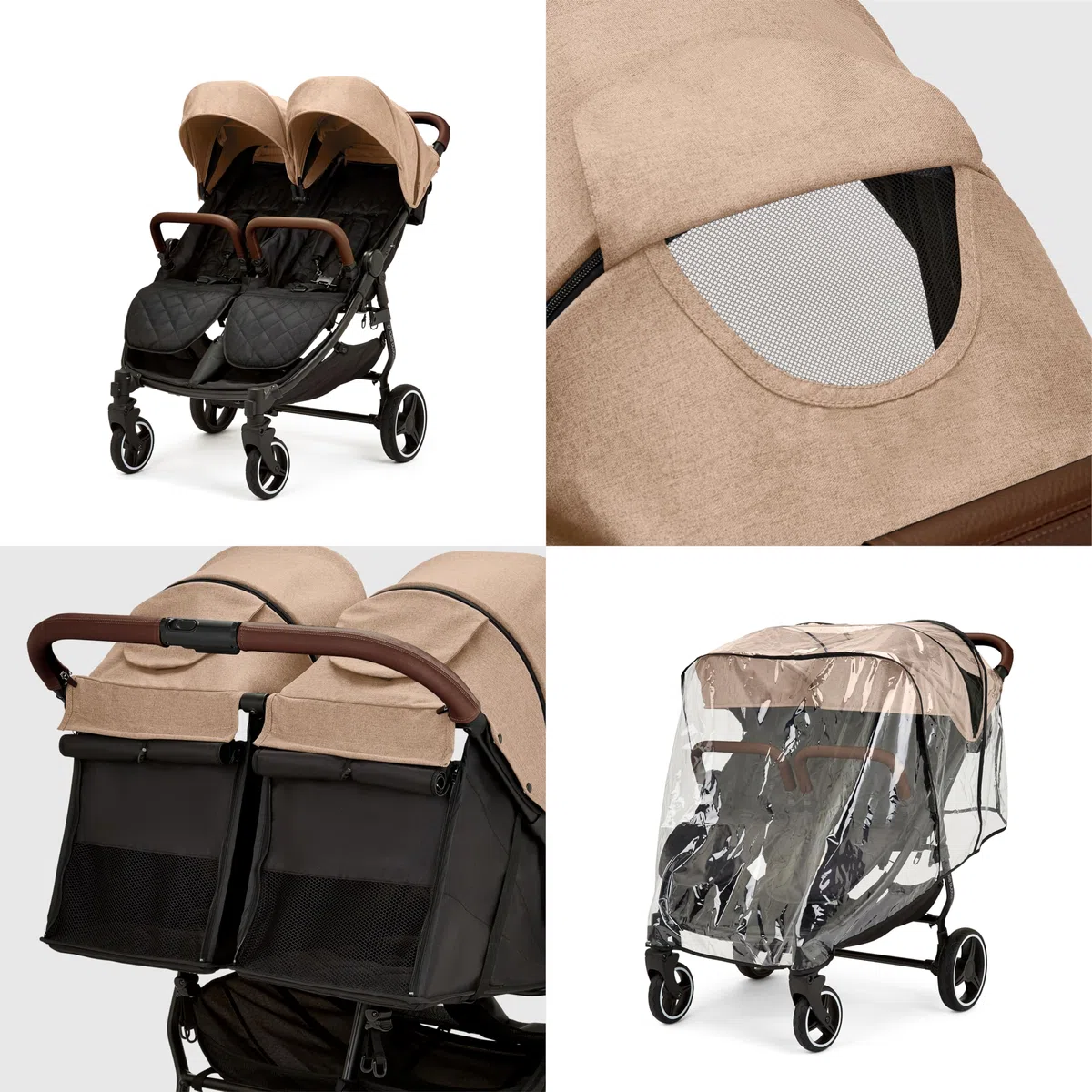 Ickle Bubba Venus Doppelkinderwagen - geeignet von Geburt bis 15 kg (ca. 3 Jahre), leichter, faltbarer Zwillingskinderwagen mit Regenschutz (Biscuit)