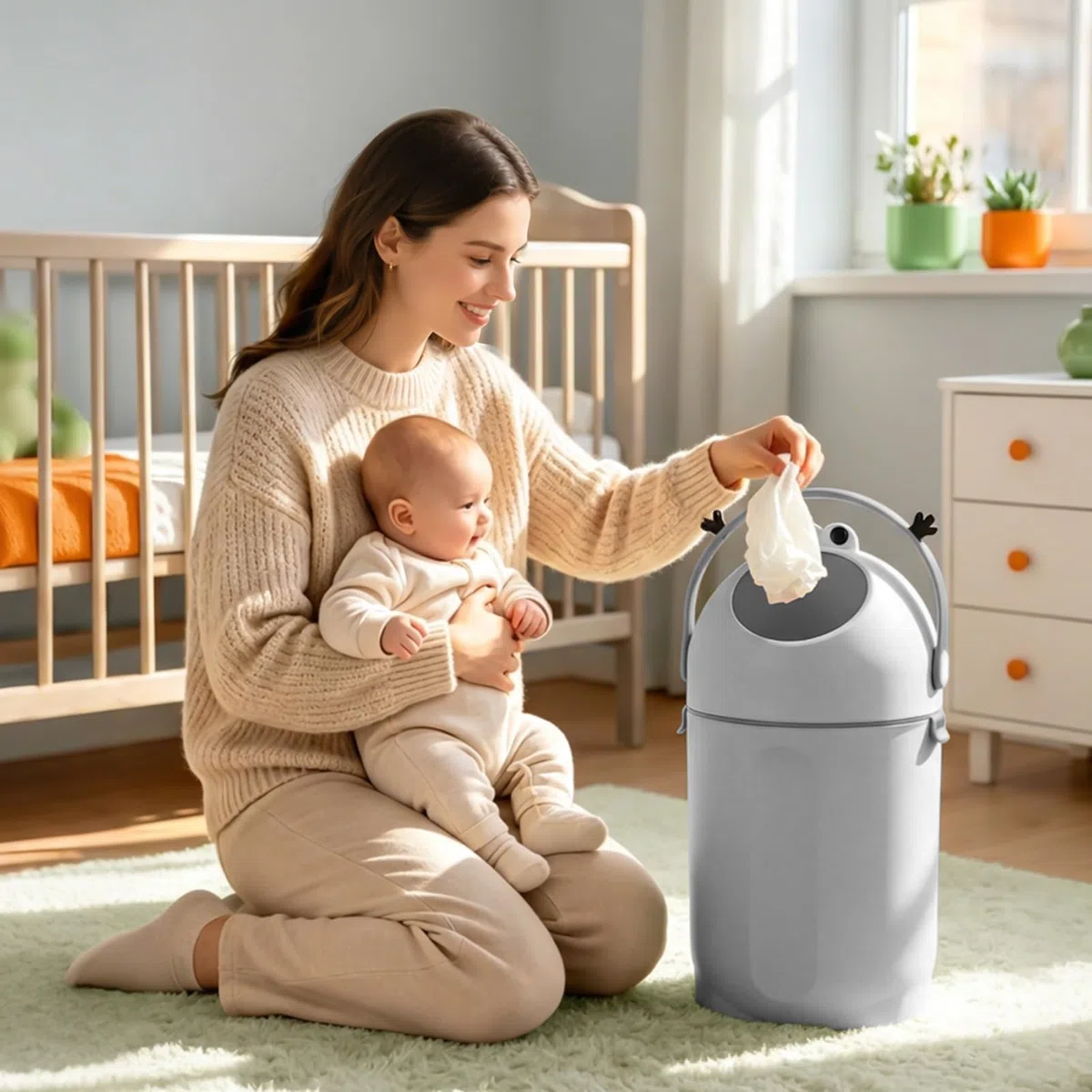 Windeleimer 15L, Geruchsdichter Mülleimer für Babywindeln, Mit Drehverschluss & Kindersicherung, Platzsparender Abfalleimer für Kinderzimmer Bad & Wohnzimmer, 55cm Hoch Grau