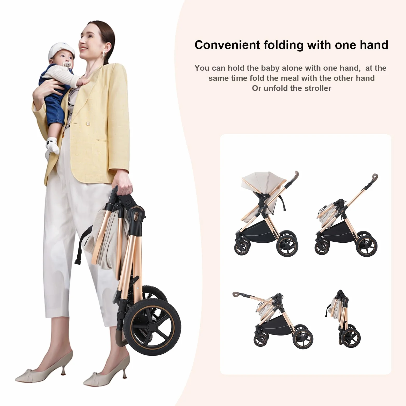 BEBBY 3-in-1 Kinderwagen Kombi-Set faltbar Luxus Neugeborenes Travel System (D2-RICEWHITE, H2-D)