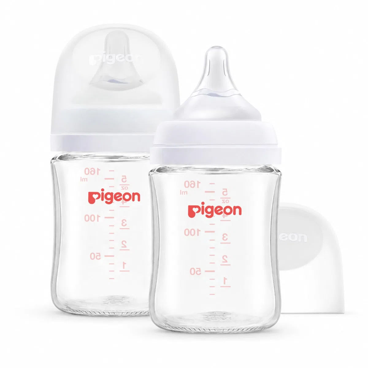Pigeon Glas-Stillflasche mit weitem Hals, Anti-Kolik, stromlinienförmiger Körper, natürliches Gefühl, leicht zu reinigen, hitzebeständig, 153 ml (2 Stück), inklusive 2 SS-Nippeln (0 Monate +)