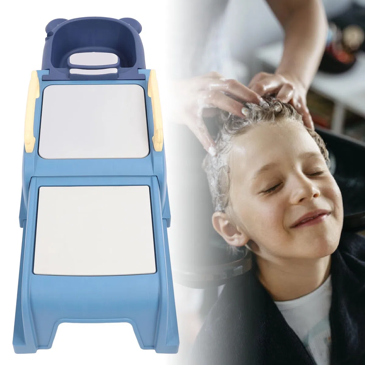 Fockety Kleinkind-Shampoo-Stuhl, Baby-Shampoo-Stuhl mit Abnehmbarem Waschbecken, Weich Gepolstertes Kissen, Armlehnen, Kopfkissen Haarwaschstation für Kleinkinder Einziehbar (Blue)