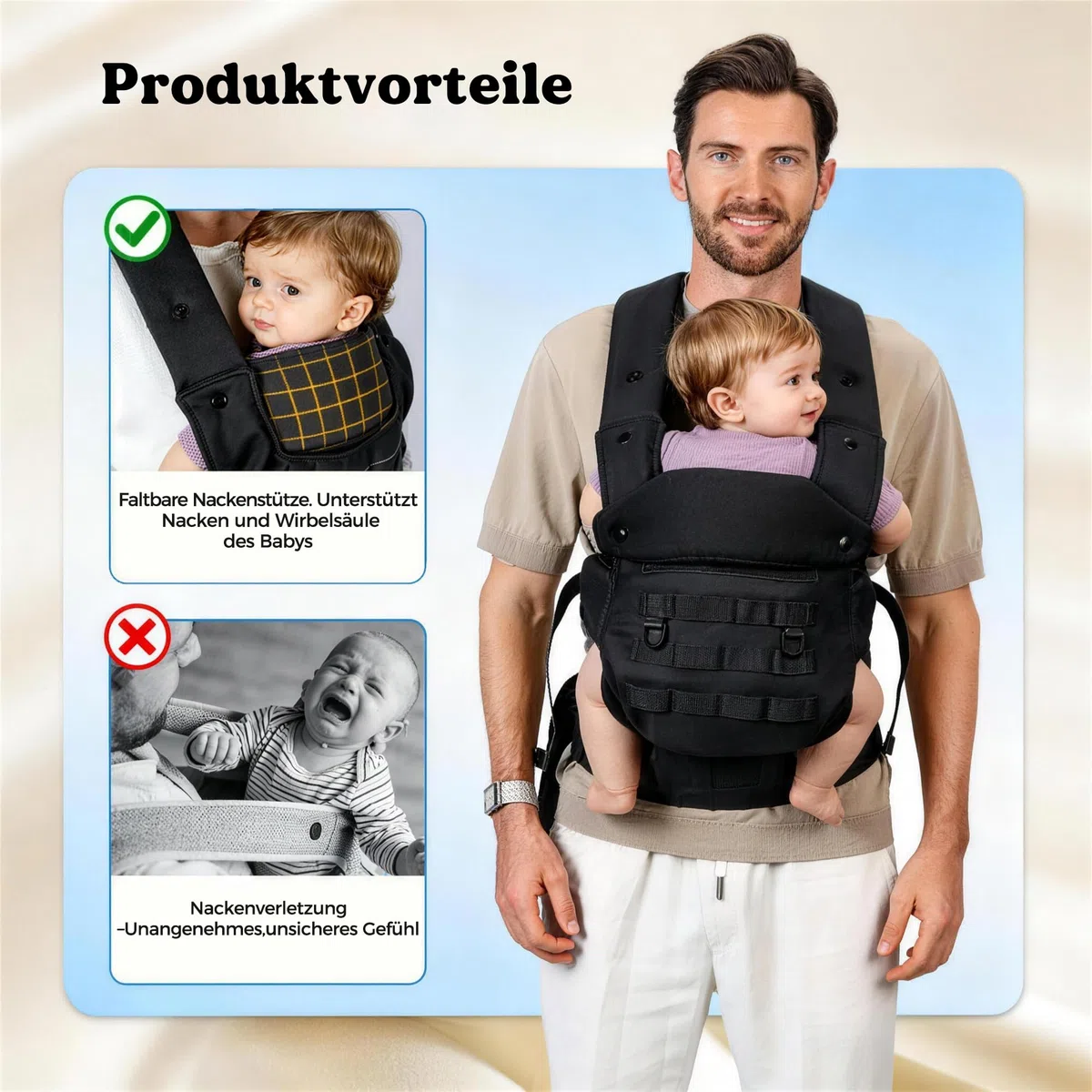 Babytrage für Papa, Ergonomische Baby Trage mit Hüftgesunde (4-36 Monate), 3-in-1 Baby Carrier für 3,5-15kg, Leicht, Atmungsaktive, Einhandbedienung für Unterwegs & Reisen Schwarz