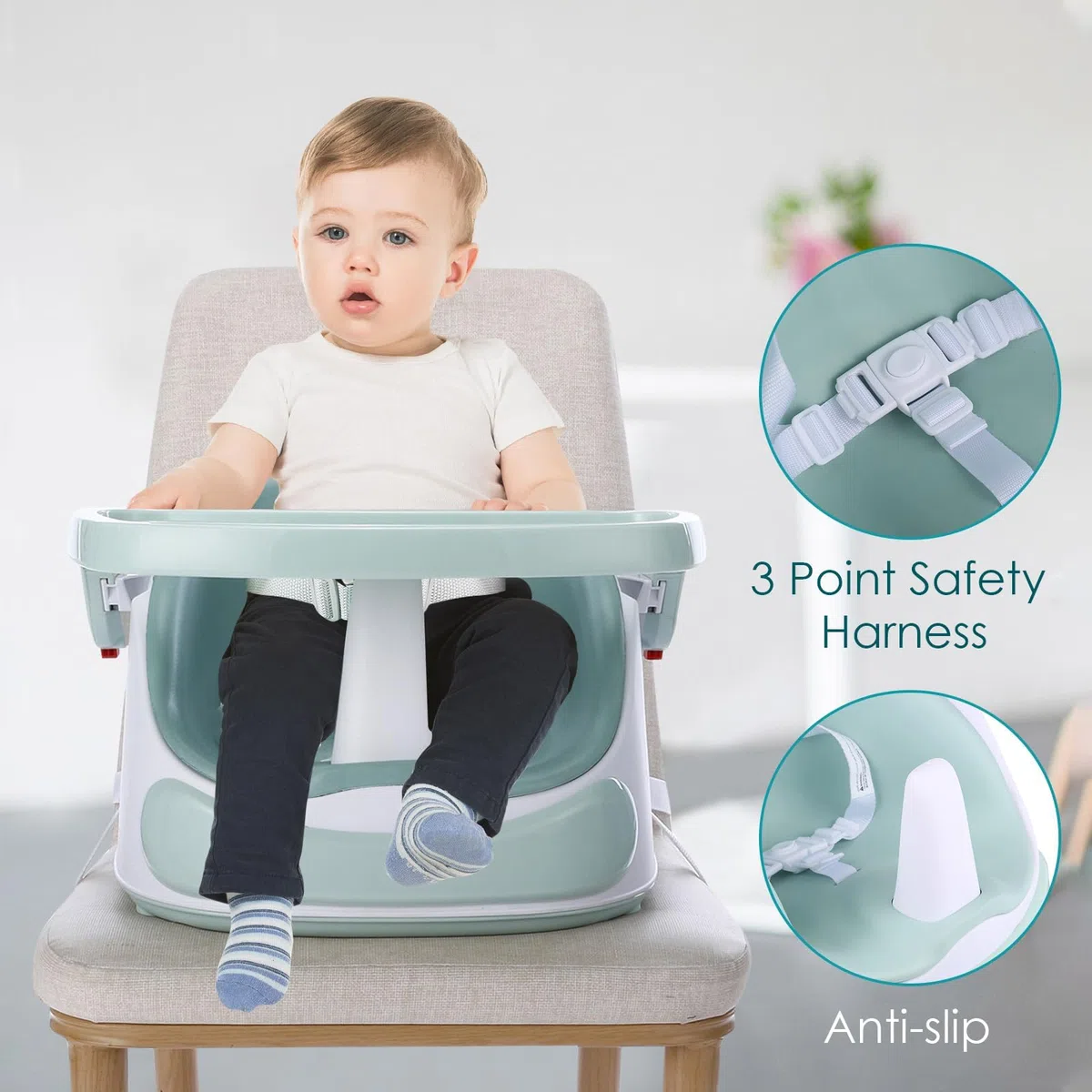 Kindersitzerhöhung,Baby Booster Sitz mit Extra-Großem Tablett, Sicherer & Leichter Tischsitz für Kinder, Baby Sitzhilfe, Einfach zu Reinigen, Weiß (40x47x30 cm)