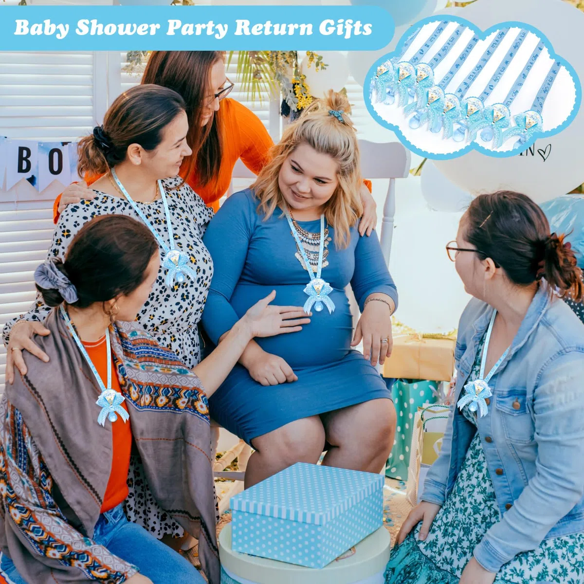 Threlaco 60 Stück Schnullerhalskette für Babypartys, niedlicher Bär, Acryl, Baby-Schnuller, Schnuller, Halskette für Babyparty, Party, Dekoration, Tischstücke (Blau, eleganter Stil)