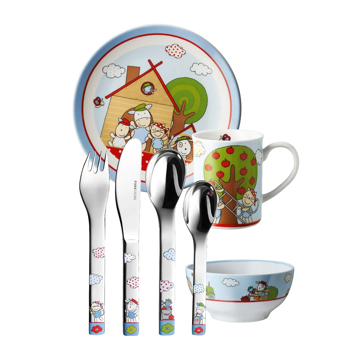 Puresigns Kindergeschirr Set FERME - Bezauberndes 7-teiliges Geschirrset im Bauernhof-Look für Kinder - kindgerecht & spülmaschinenfest Fantasievolles Besteck für kleine Entdecker