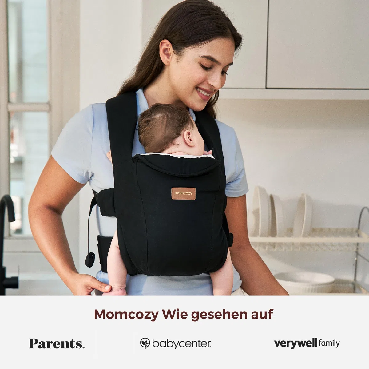 Momcozy Babytrage Neugeborene ab Geburt | Ergonomische Tragehilfe mit Nackenstütze | Leicht & sicher (3-11 kg),Schwarz