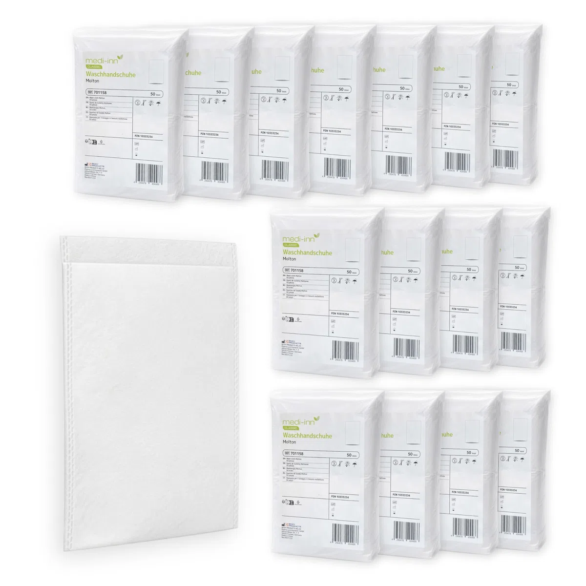 Medi-Inn Einmal-Waschhandschuhe Molton weiß, 20 x 50 Stück – 75 g/m², 22 x 15 cm, latexfrei, für Pflege & Babypflege