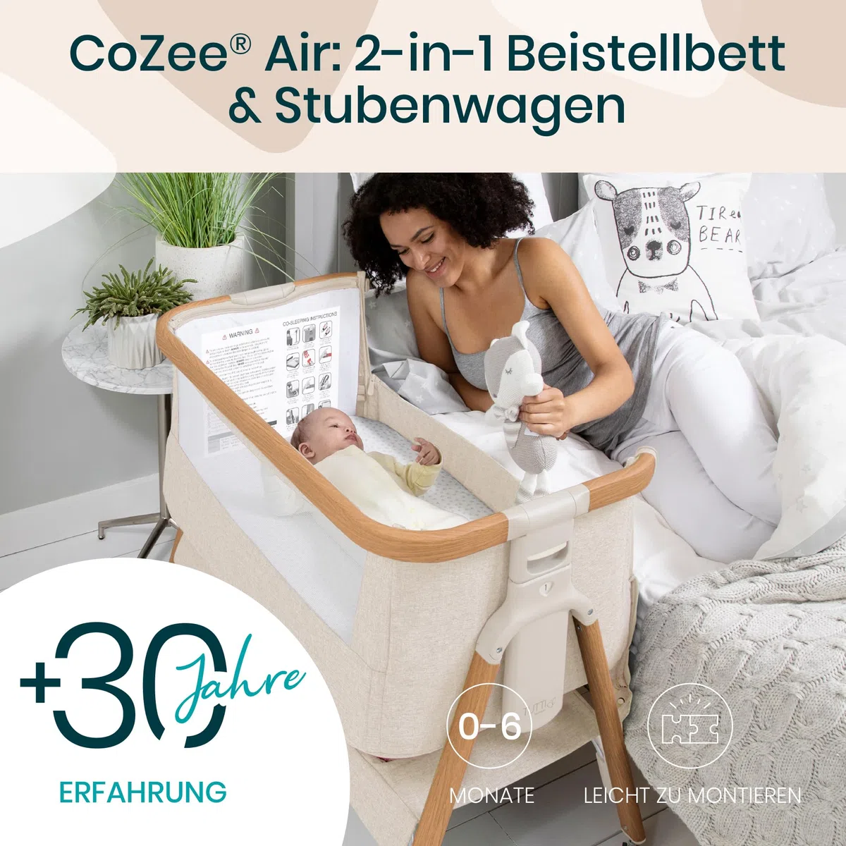 Tutti Bambini CoZee Air Beistellbett Baby Reisebett mit Matratze Kompakt faltbar Atmungsaktive Matratze 6-fache Höhenverstellung 0-6 Monate Walnuss Naturweiß
