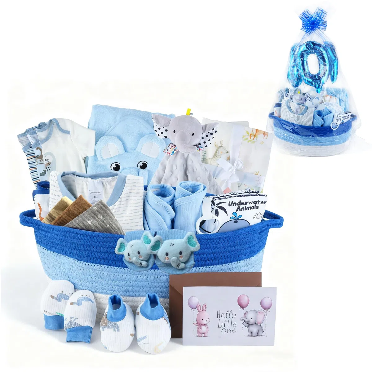22-teiliges Baby-Geschenkkorb-Set, Blau (0-12 Monate Neugeborene) | Premium Babyparty-Geschenke für Jungen: Neugeborenes Essentials Set in gewebtem Korb mit Ballon & Schleife, ultimatives