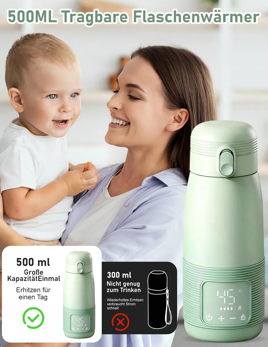 Tragbarer Flaschenwärmer, 500ml Flaschenwärmer Baby Unterwegs Präzise Temperaturkontrolle 37 Bis 55 Grad Einstellbar für Reisen Nachtfütterung (Grün)