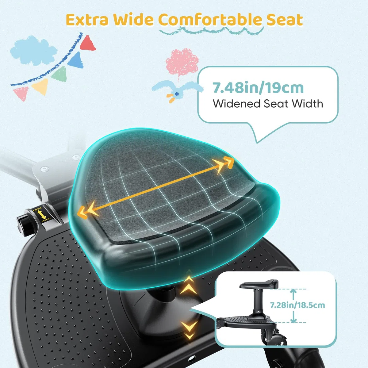 Buggy Board mit Großer Sitz, Trittbrett Für Knderwagen Universal, Buggy Board mit Sitz für Kinder von 2-6 Jahren, Bearing 25KG (Schwarz)