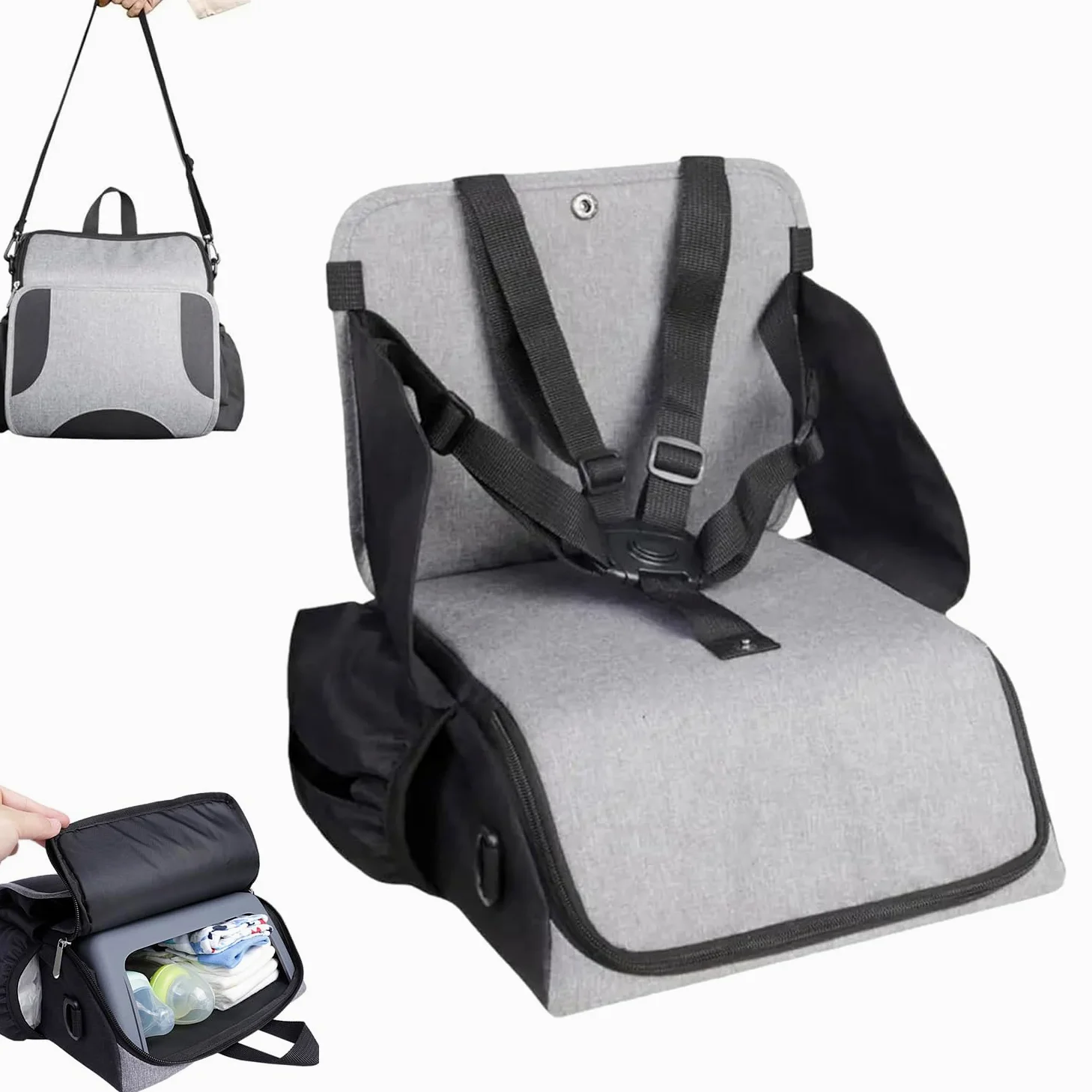 Sitzerhöhung Stuhl Kind, Reise Hochstuhl Baby, Klappbar Baby Essen Stuhl Tischsitz mit Rückenlehne und Verstellbaren Sitzgurten, Leicht zu Reinigender Stabiler, für Zuhause Unterwegs (Grau)