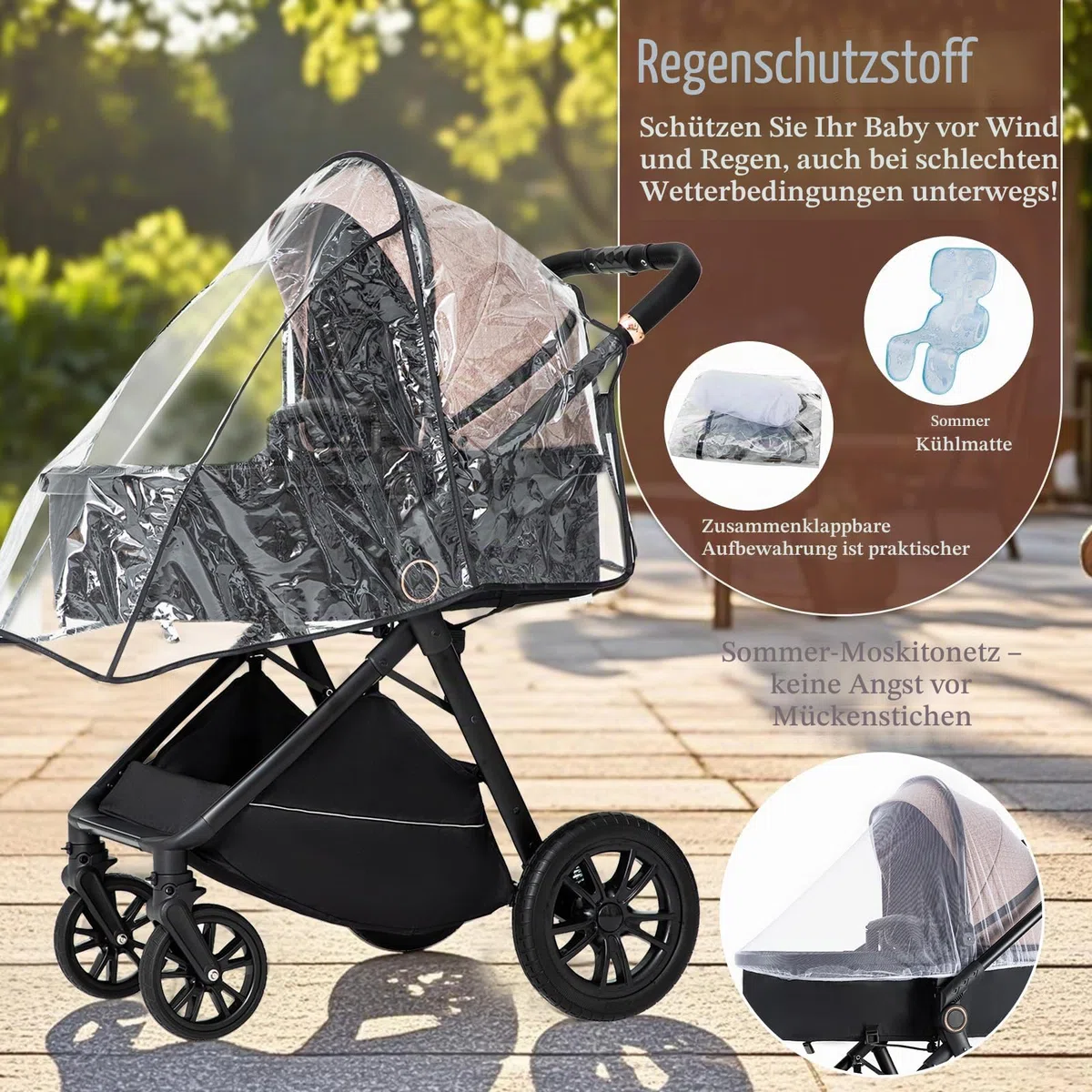 Kinderwagen 3 in 1, Zusammenklappbar kinderwagen Komplettset Becherhalter, Moskitonetz, Fußabdeckung Für Baby Erstausstattung Neugeborene(Khaki)