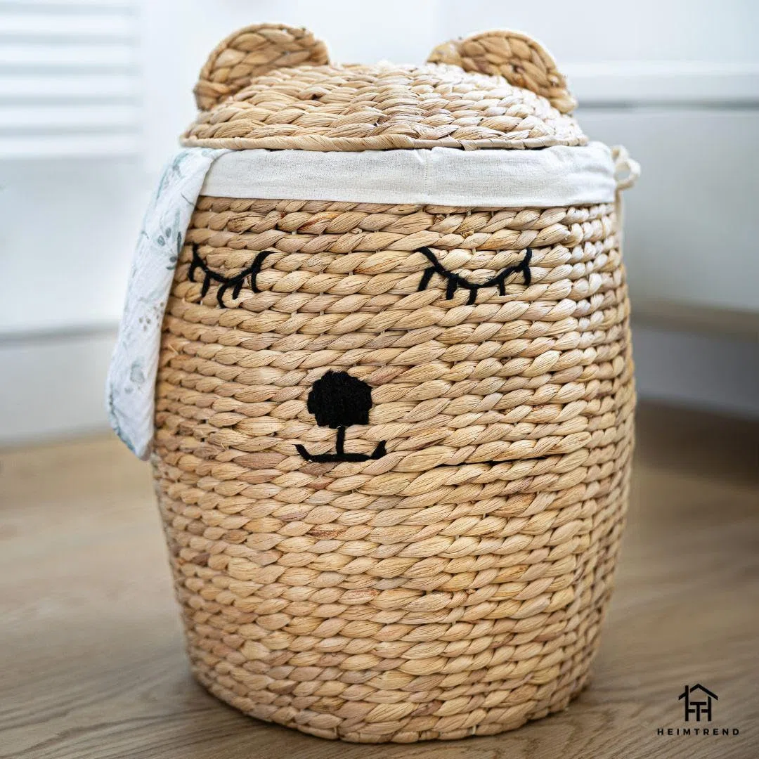 Aufbewahrungskorb/Spielzeugkorb/Wäschekorb geflochten [mit Deckel] - groß rund natur beige - Wasserhyazinthe Rattan - Wohnzimmer Kinderzimmer Schlafzimmer - Bär - Jetzt wählen