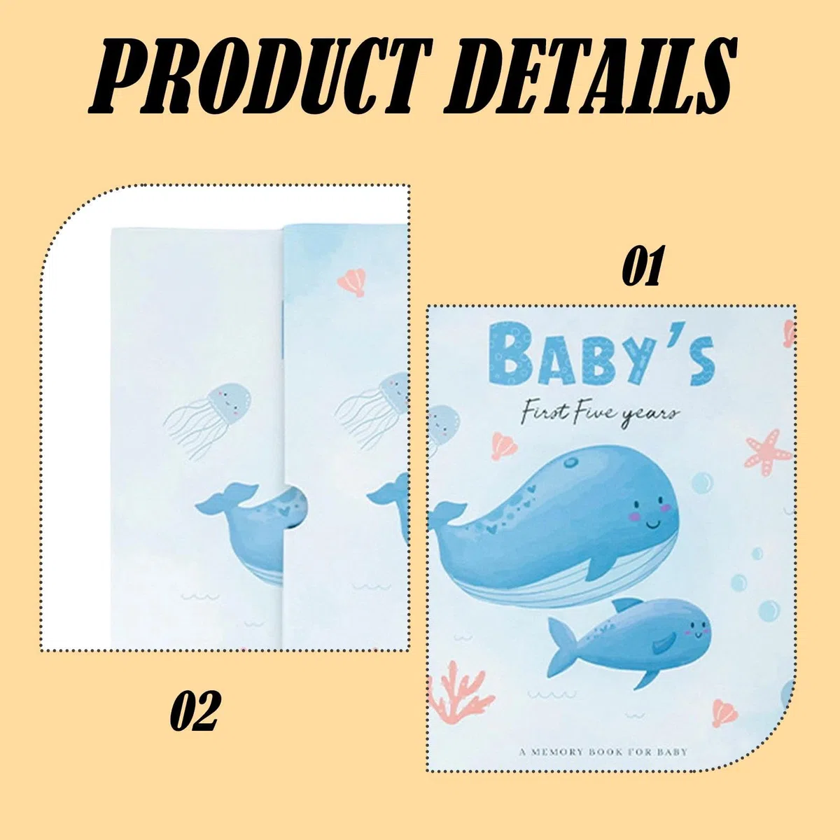 harayaa -Erinnerungsbuch/Tagebuch für Neugeborene – für frischgebackene Eltern – – Geschenk zur Babyparty – Wachstumstagebuch/Fotoalbum, Wal