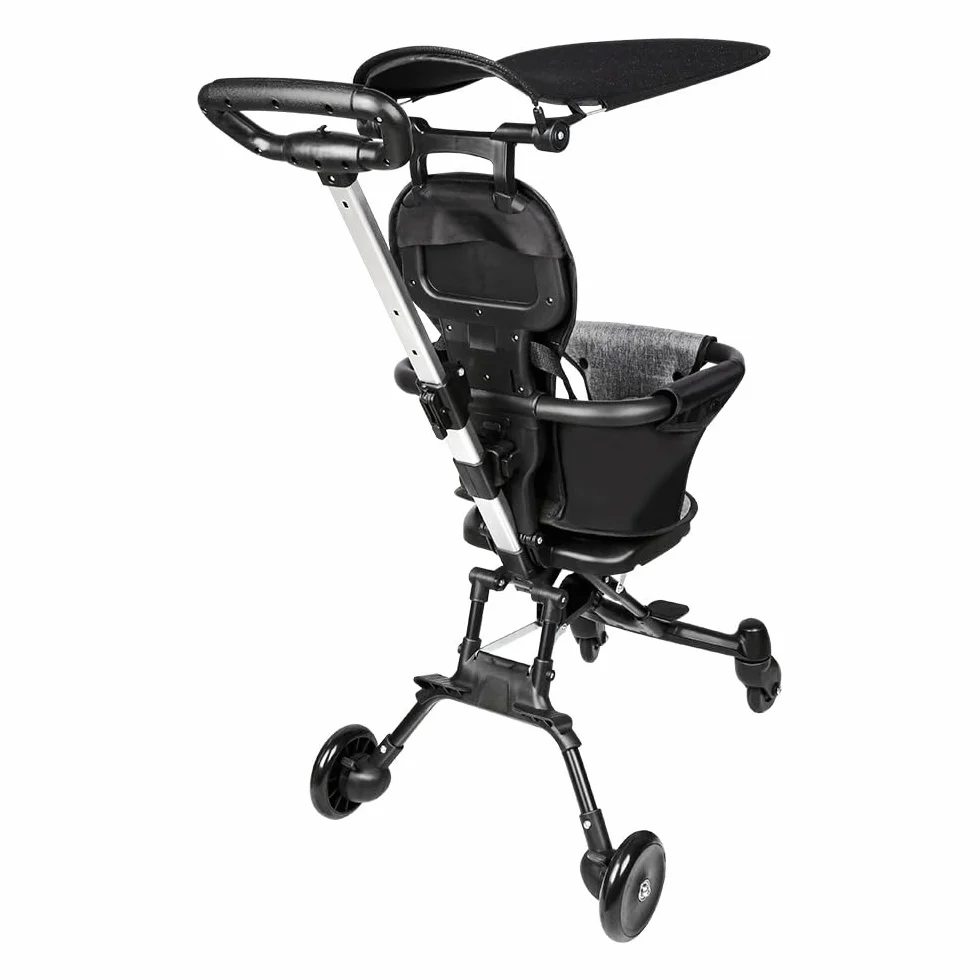Kompakter Kinderwagen - Bis zu 25 kg, Neigbar, Faltbar mit Getränkehalter, Regenschutz, Sonnenverdeck (UPF 50+) und Einkaufskorb XL - 30 * 55 * 86,5 cm - Grau + Schwarz
