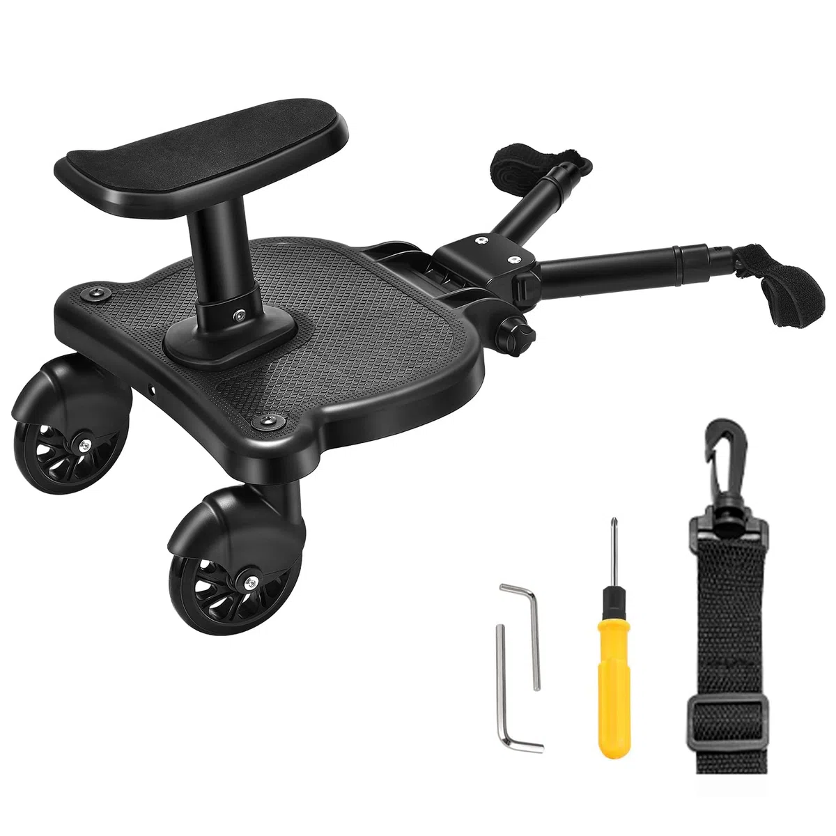 Buggy Board mit Sitz, FNRIDS Trittbrett für Kinderwagen Universal, mit Aufhängegurt, Stabiles Two Wheel Design, 360 Drehbar, Kinderwagenzubehör für Kinder von 2 bis 6 Jahren (Bearing 25 kg)