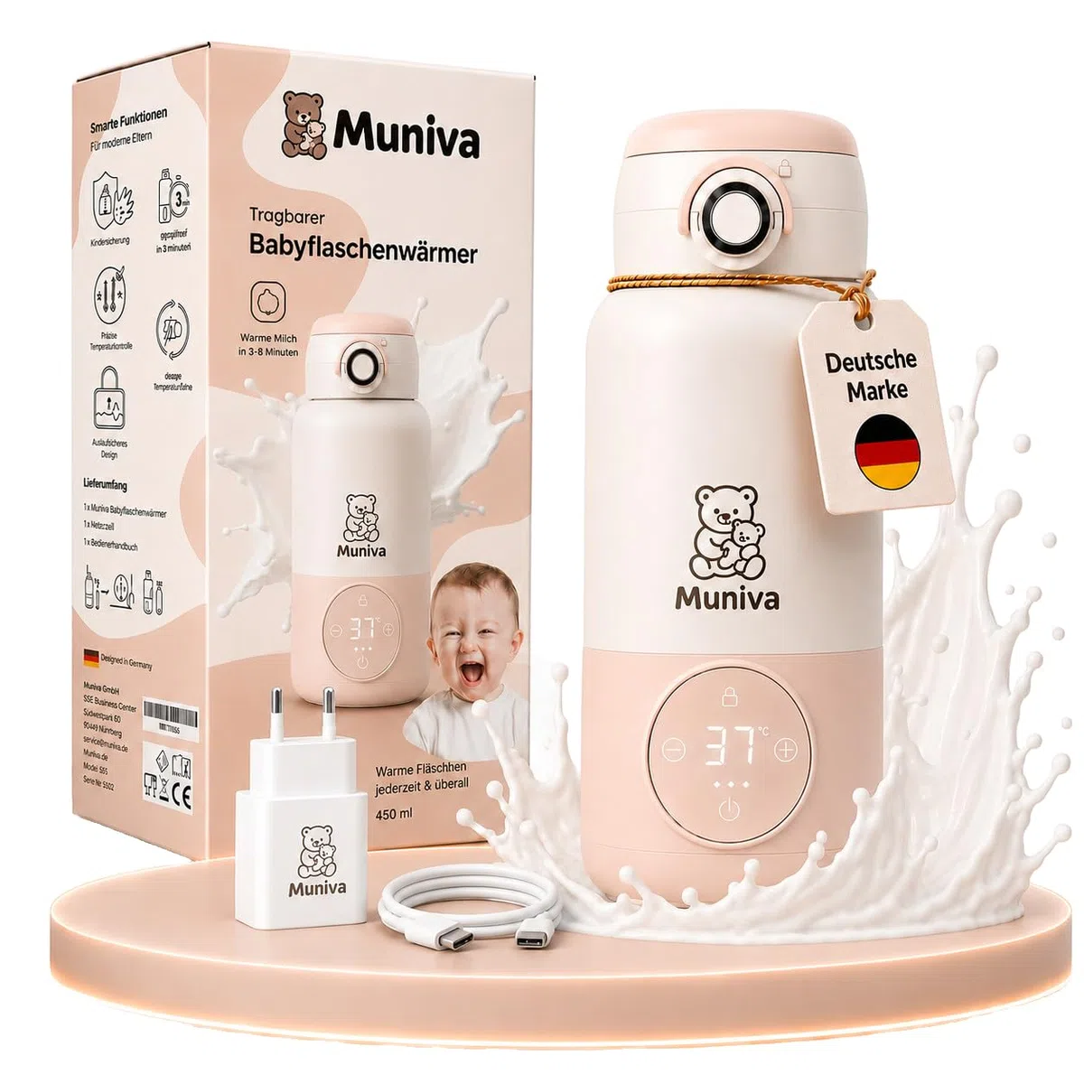 Tragbarer Flaschenwärmer Baby für unterwegs, 450ml Kapazität + Warmhaltemodus bis zu 12 Stunden | Schnellaufheizen in 3 Min.