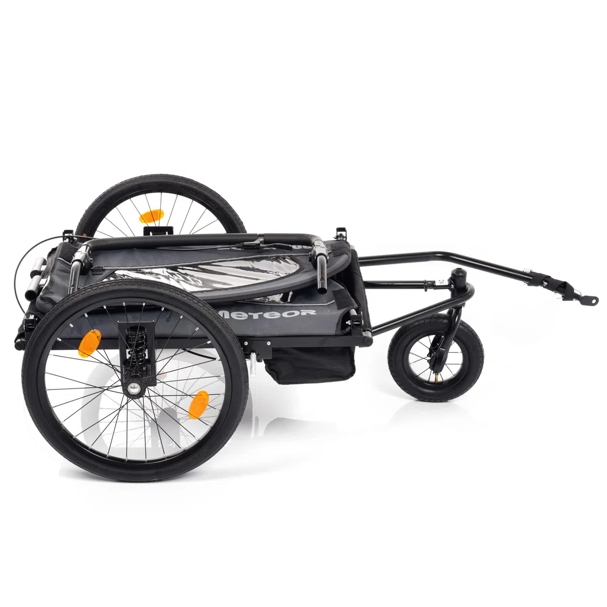 meteor Kinderfahrradanhänger 2 in 1 Fahrradanhänger und Jogger für 2 Kinder bis 44 kg ab 18 Monaten mit Regenverdeck Sicherheitsfahne Reflektoren Handbremse Stauraum Stahlrahmen Grau BX-50