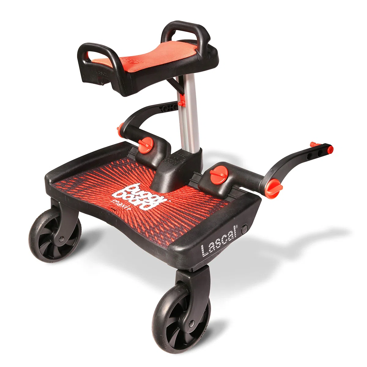 Lascal BuggyBoard Maxi+, Kinderbuggy Trittbrett mit großer Stehfläche und Saddle, Kinderwagen Zubehör für Kinder von 2-6 Jahren (22 kg), kompatibel mit fast jedem Buggy und Kinderwagen, rot