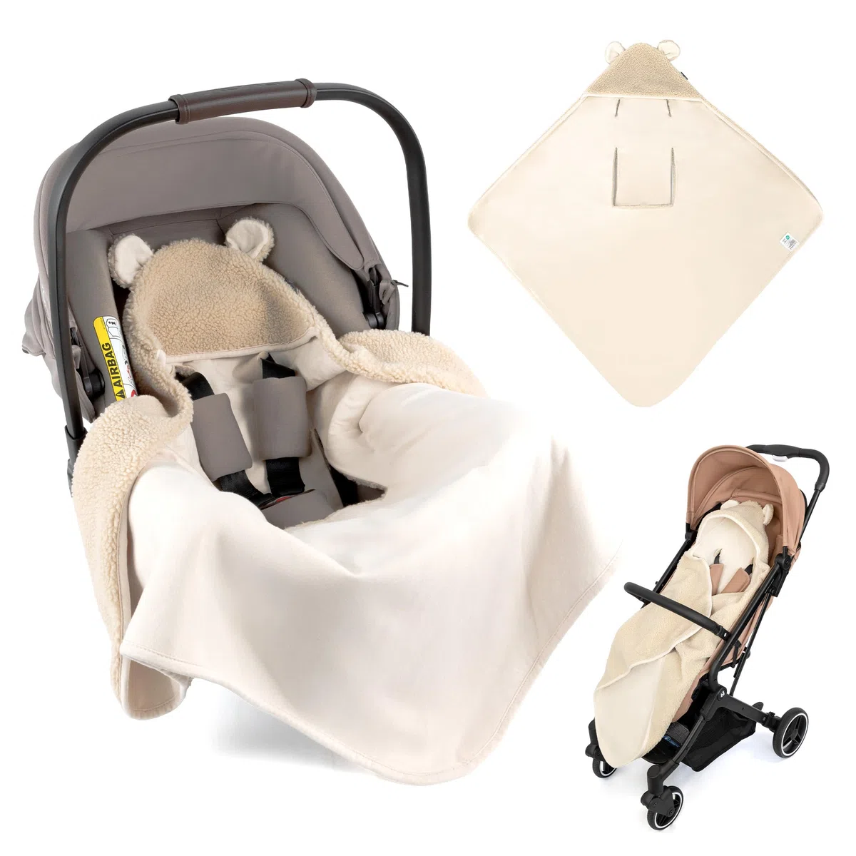 Zamboo Baby Einschlagdecke Fluffy Fleece 80x80 cm Oeko-TEX Zertifiziert mit Öhrchen & Gurtschlitzen Beige