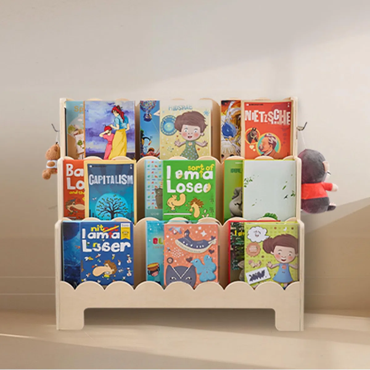 VEVOR Montessori Bücherregal 3-stöckiges Kinderbücherregal mit Wellenschliff, nach vorne gerichtetes Büchergestell mit Doppelhaken, Babybücherregal Kinderzimmerregal für Vorschule Kindergarten