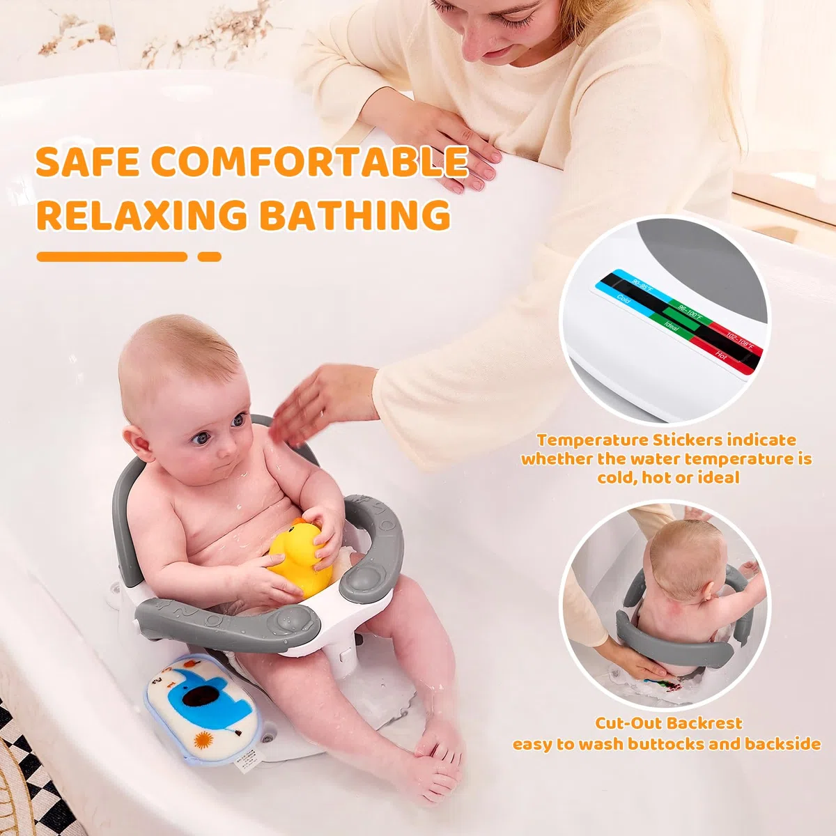 Baby-Badewannensitz für Babys ab 6 Monaten, sitzend, Baby-Badewannensitz mit Temperaturalarm und rutschfestem Kissen, Kleinkind-Badesitz für Badewanne (Baby-Badewannensitz, weiß)