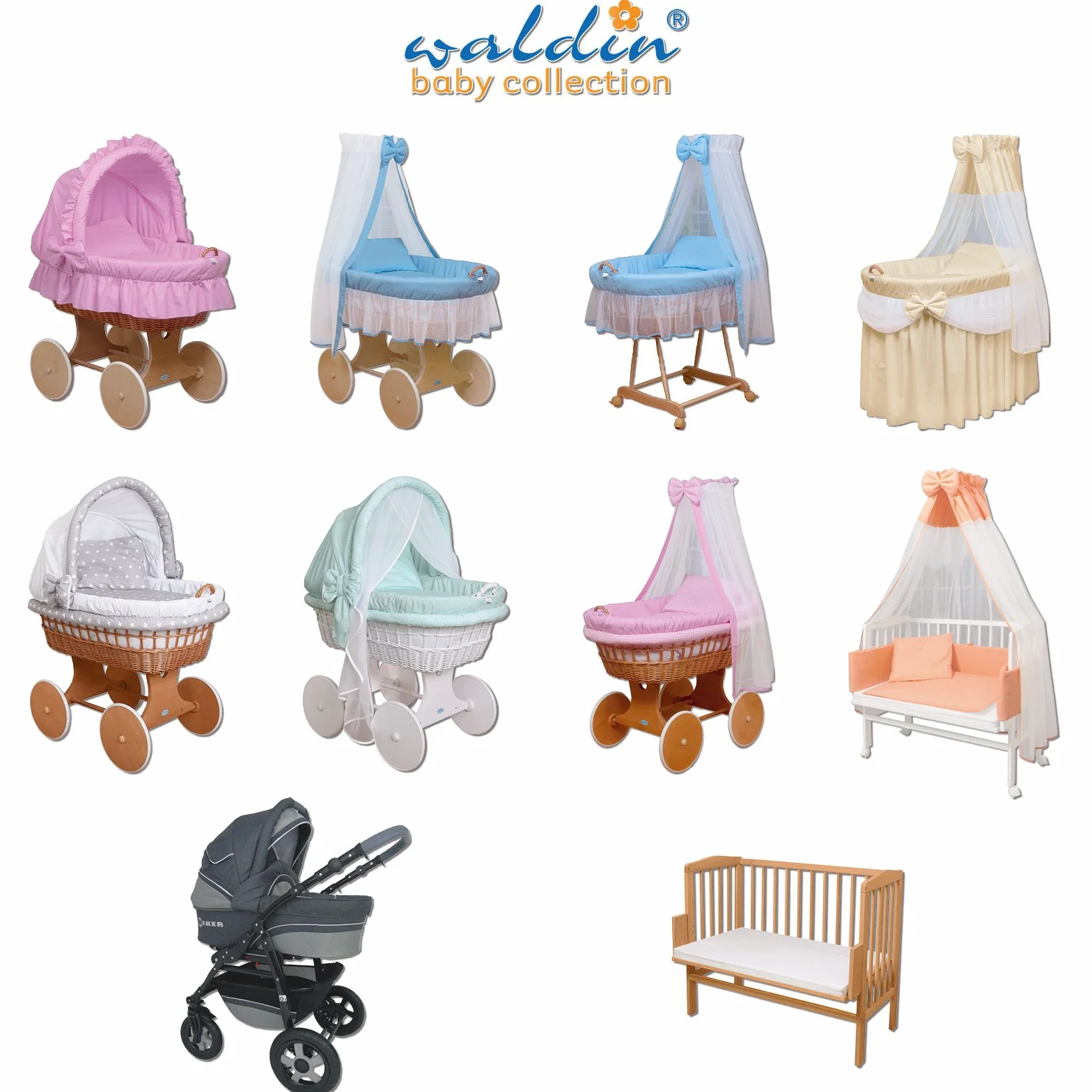 Stoffset 8-teilig mit Matratze von WALDIN für Stubenwagen, XXL, Bollerwagen,KEIN STUBENWAGEN, 5 Sets wählbar,grau/Punkt grau