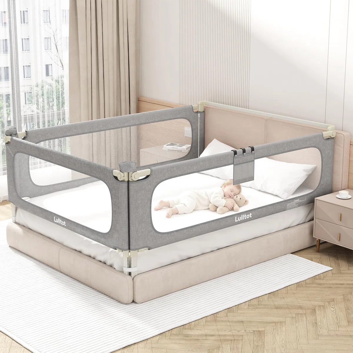 Bettgitter Rausfallschutz 3-seitig 180x200cm mit Spaltfüllstäbe | U-förmige Stabilstangen, Höhenverstellbar 66–96cm, Einklemmschutz, Werkzeuglose Montage, Mit Bettkopfstab für Boxspringbetten