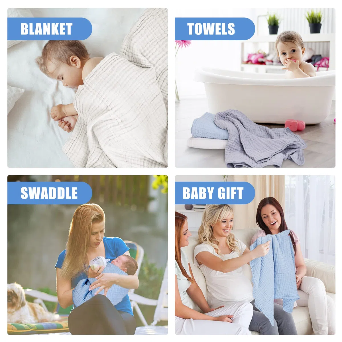 Musselin-Baby-Badetücher-Set, 3er-Pack, ultraweich und saugfähig, Baby-Handtücher, Kleinkinderdecke, Handtuch, 6-lagig, geeignet für Mädchen und Jungen, 101.6x101.6 cm (Weiß & Blau & Grau) | Musselin, Bio-Baumwolle, für Neugeborene, Mädchen und Jungen, ul
