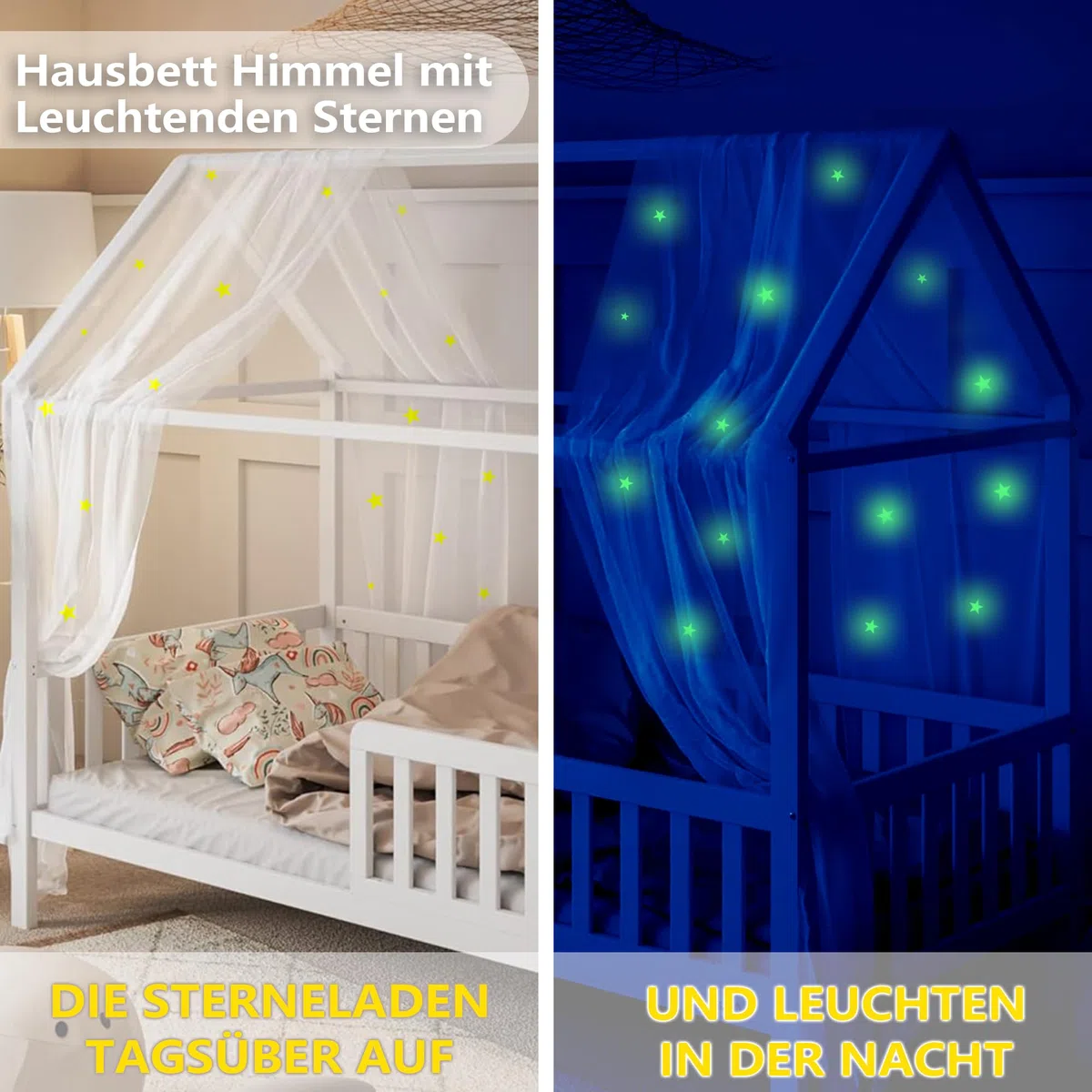 Hausbett Himmel Deko mit Leuchtenden Sternen, 2 Betthimmel & 1 Wimpelkette | Babybett Himmel für Kinderzimmer | Himmelbett Vorhänge für 90x200 & 120x200 Kinderbetten fürJungen/Mädchen(Weiß, 135x270cm)