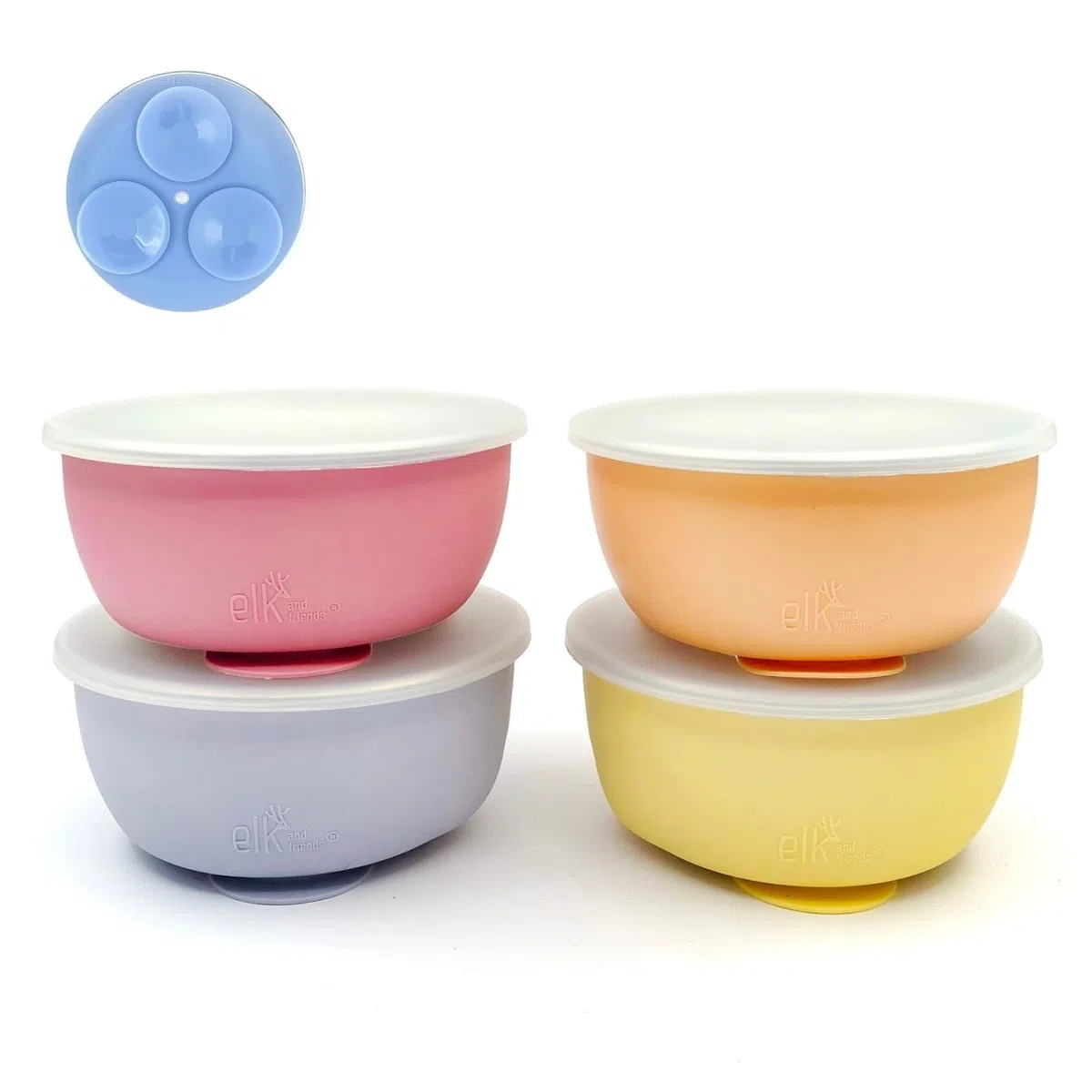 Elk and Friends Edelstahlschüsseln mit Silikonhülle für Babys und Kleinkinder, Deckel inklusive, Saugnapf zum Festhalten, Müsli- und Snackschalen, 4er-Pack