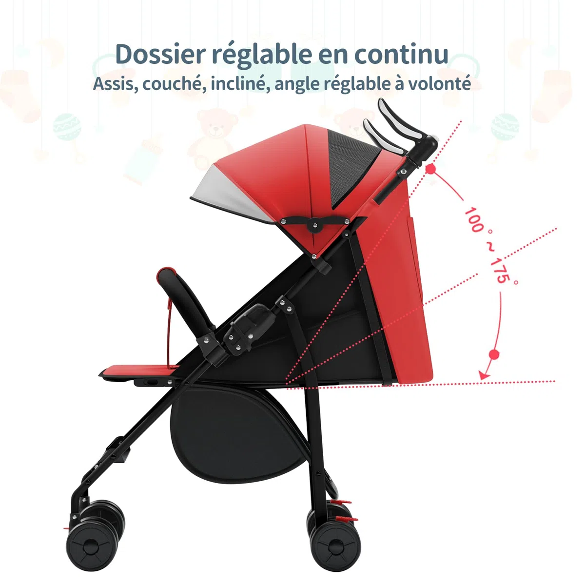 WODFARR Kompakter Buggy, Liegeposition, 0-4 Jahre, 25 kg, 4 Räder, Baumwollmatte + Moskitonetz (A, Rot)