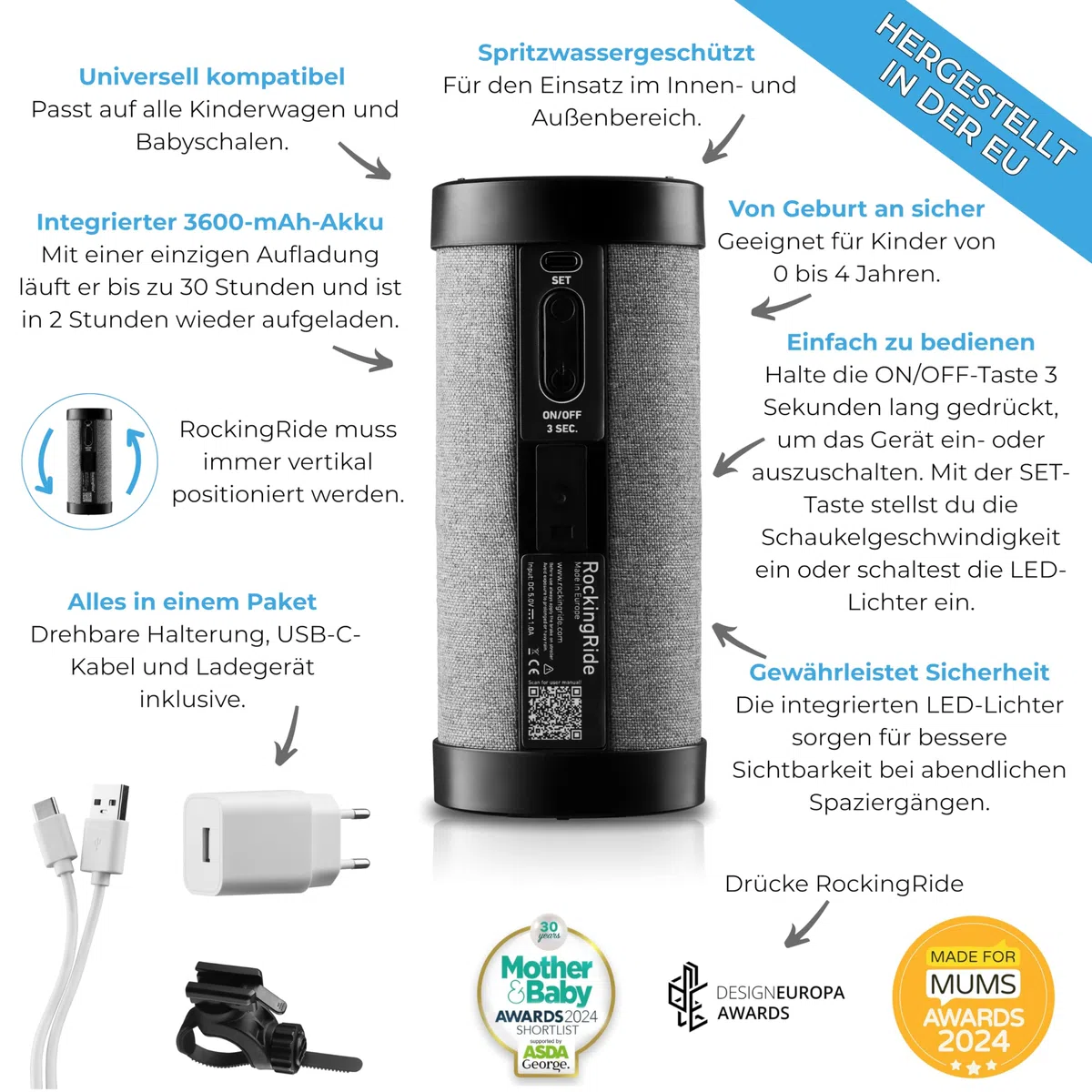 Elektrischer Kinderwagen Schaukler – Einschlafhilfe für Babys, Automatischer Baby Rocker für Kinderwagen & Buggy, 3 Stufen, Leise, 30 Std Akku, USB-C, LED – RockingRide PRO