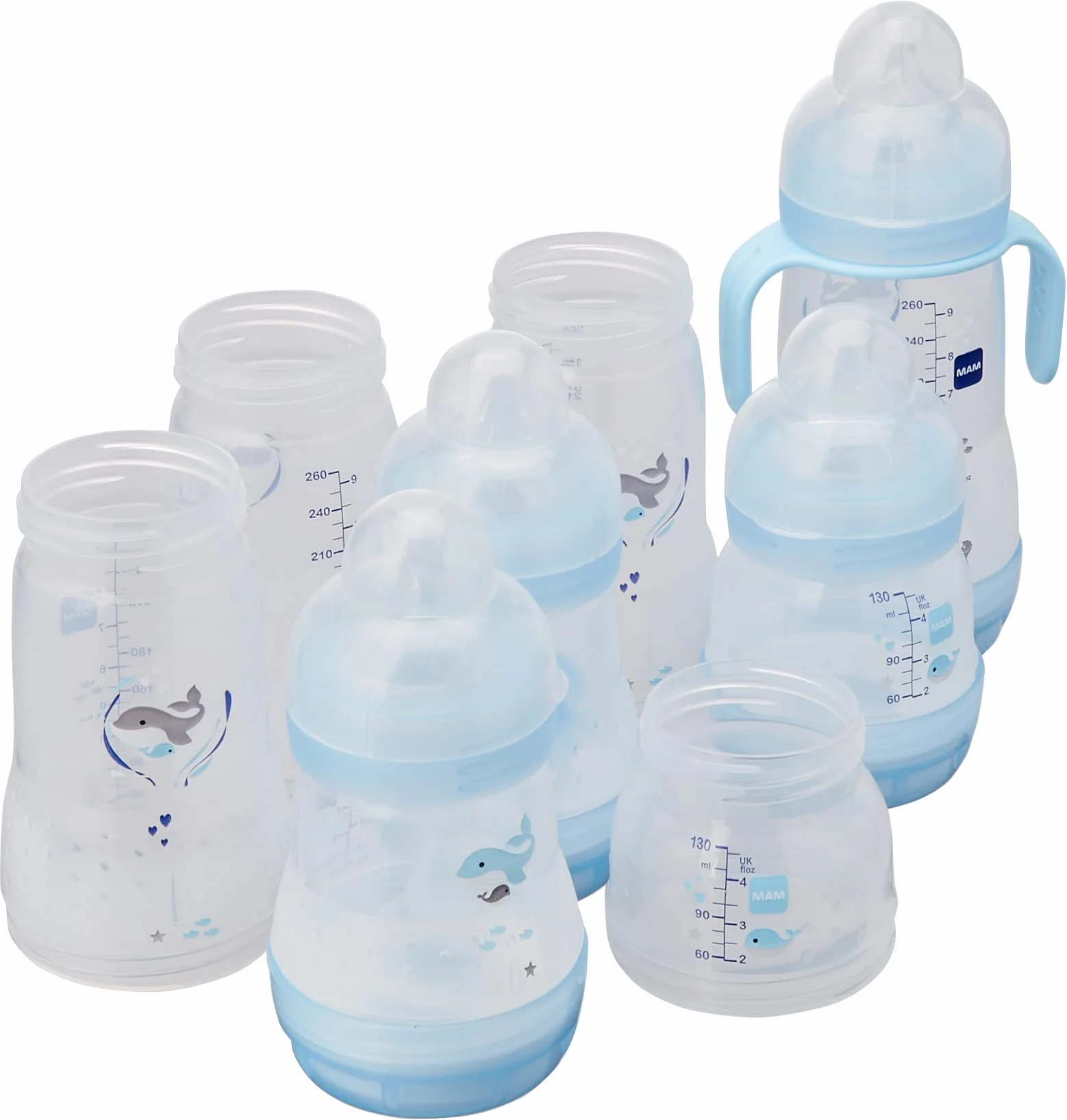 Mam Easy Start Anti-Colic Babyflasche, 8 Flaschen in den Formaten 130 ml, 160 ml und 260 ml, 1 Start Nano, 4 Dichtstoffscheiben, 1 extra weicher und griffiger Ausgießer, Sortiert Farbe, 7- 30 g