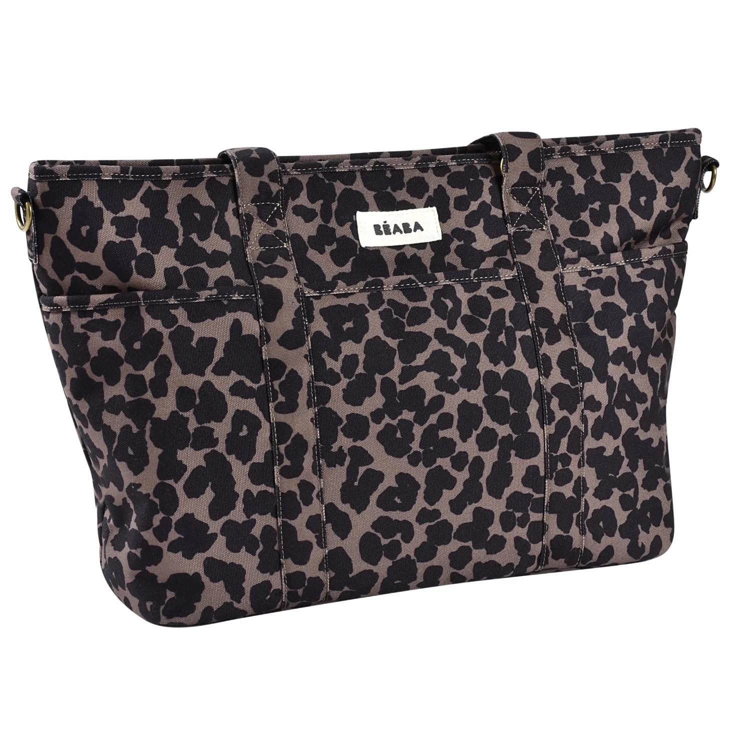 Béaba Wickeltasche Baby Madrid 22L – Wickeltasche im Tote-Format, Unisex für Mama und Papa, 11 Fächer, Isoliertasche, Kinderwagenbefestigung, Gepolsterte Wickelunterlage – Leopard