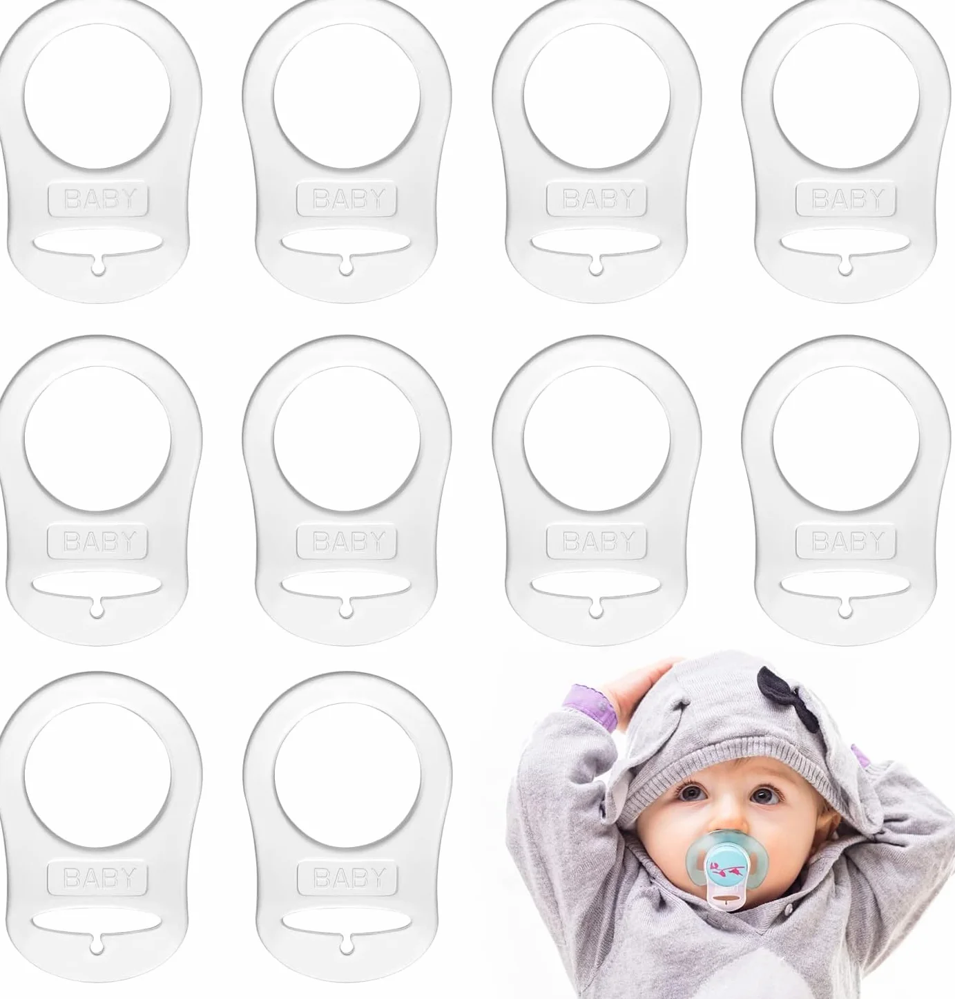 LISOPO 12 pcs Transparent Silikonknopfring Silikonring für Schnuller, Baby Schnuller Halter Clip Adapter