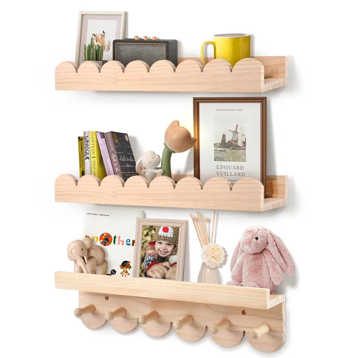 3er Set Bücherregal Kinder Wand, Wandregal Kinderzimmer 40cm, Holz Wandregal Bücher Schweberegale mit Holzhaken für Spielzimmer Schlafzimmer Wohnzimmer,Montessori Regal